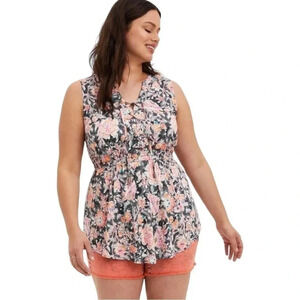 TORRID Babydoll Challis Lace Up Tunic Black Floral Sleeveless Tank.